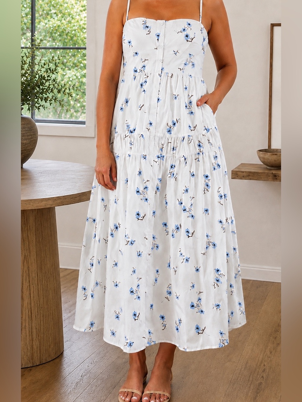 100% Organic Cotton Poplin Spaghetti Strap Maxi Dress